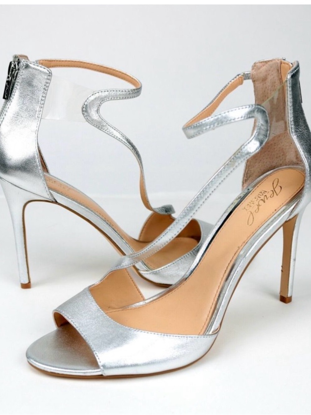 Badgley Mischka Sz 10 Silver Heels Tayler Curved Criss Strap Formal Stiletto